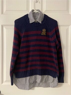 T39- LAUREN RALPH LAUREN Nautical Striped Shirt Layered Sweater Top